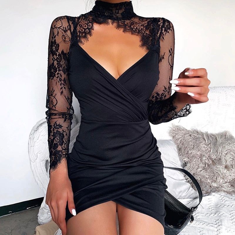 Shine Tonight Lace Long Sleeve Ruched Mini Dress