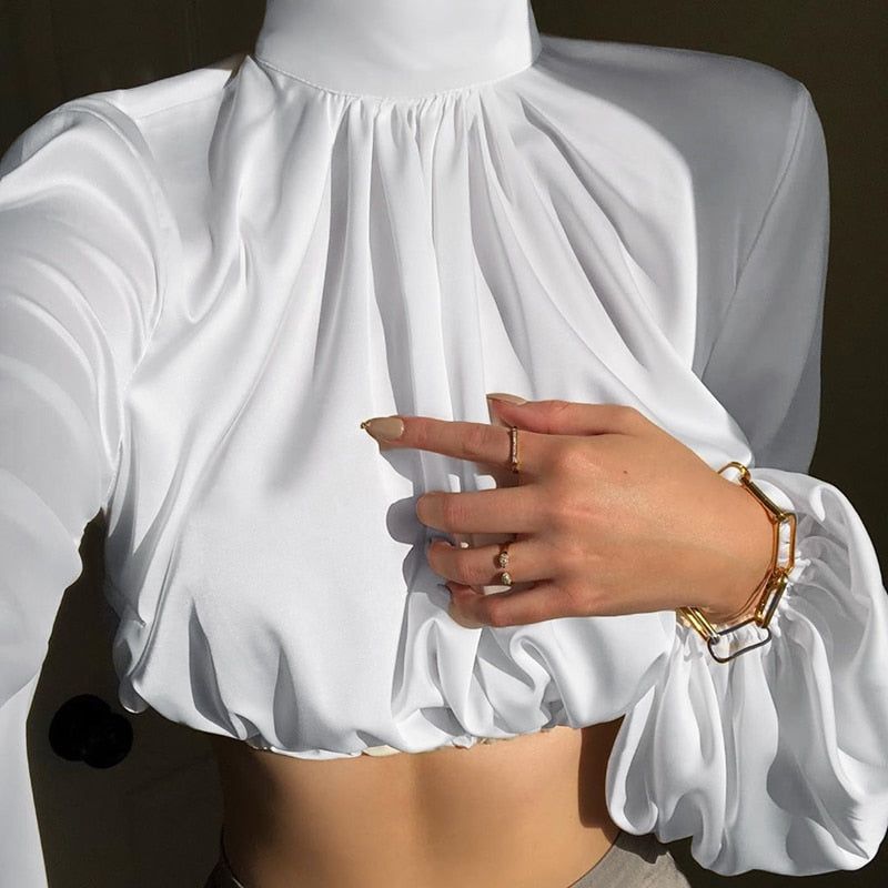 Sundown Hour Turtleneck Puff Sleeve Satin Blouse