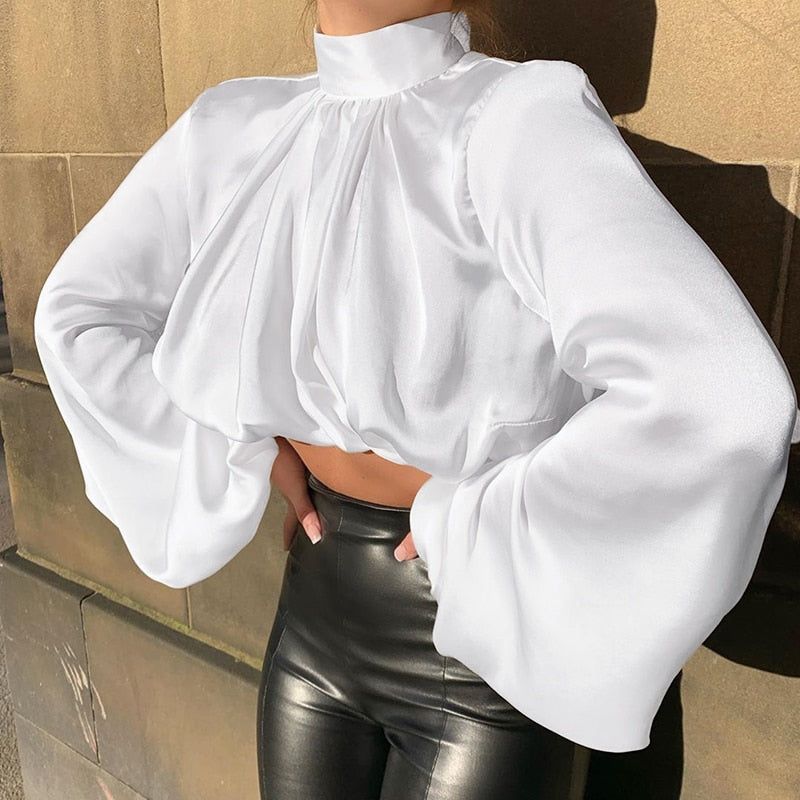 Sundown Hour Turtleneck Puff Sleeve Satin Blouse