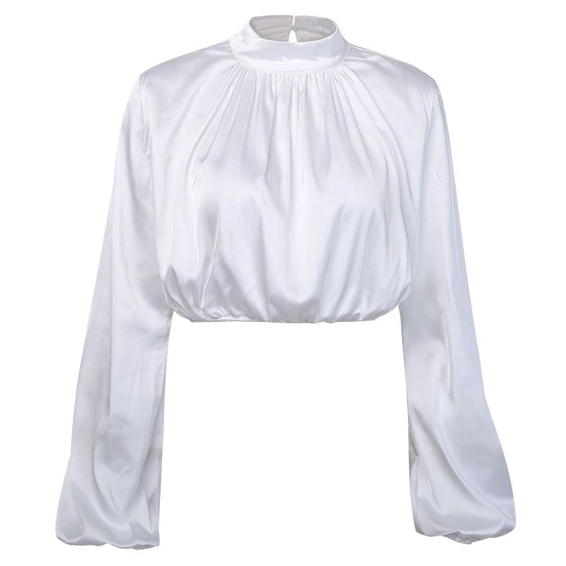 Sundown Hour Turtleneck Puff Sleeve Satin Blouse