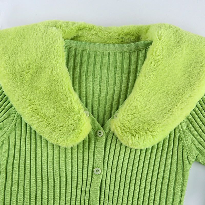 Try Your Luck Feather Collar Ribbed Cardigan