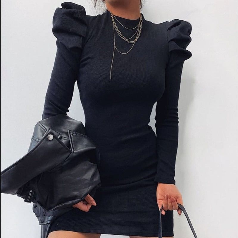 Style All Night Long Puff Sleeve Rib Mini Dress