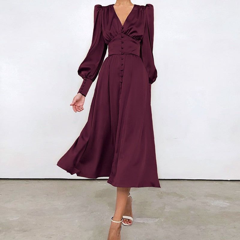 Athenian Lantern Sleeve Satin Midi Dress