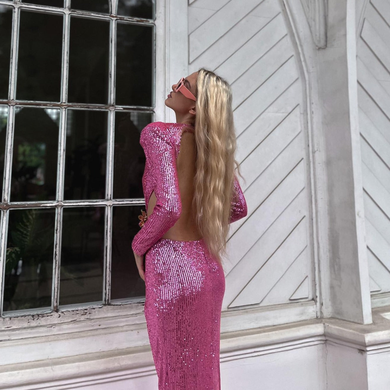 Climb To New Heights Long Sleeve Cutout Sequin Maxi Dress