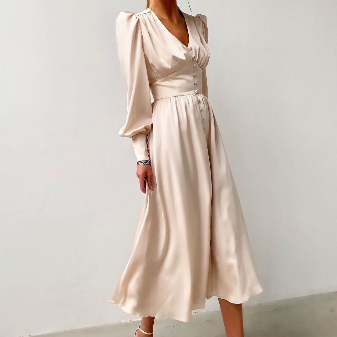 Athenian Lantern Sleeve Satin Midi Dress