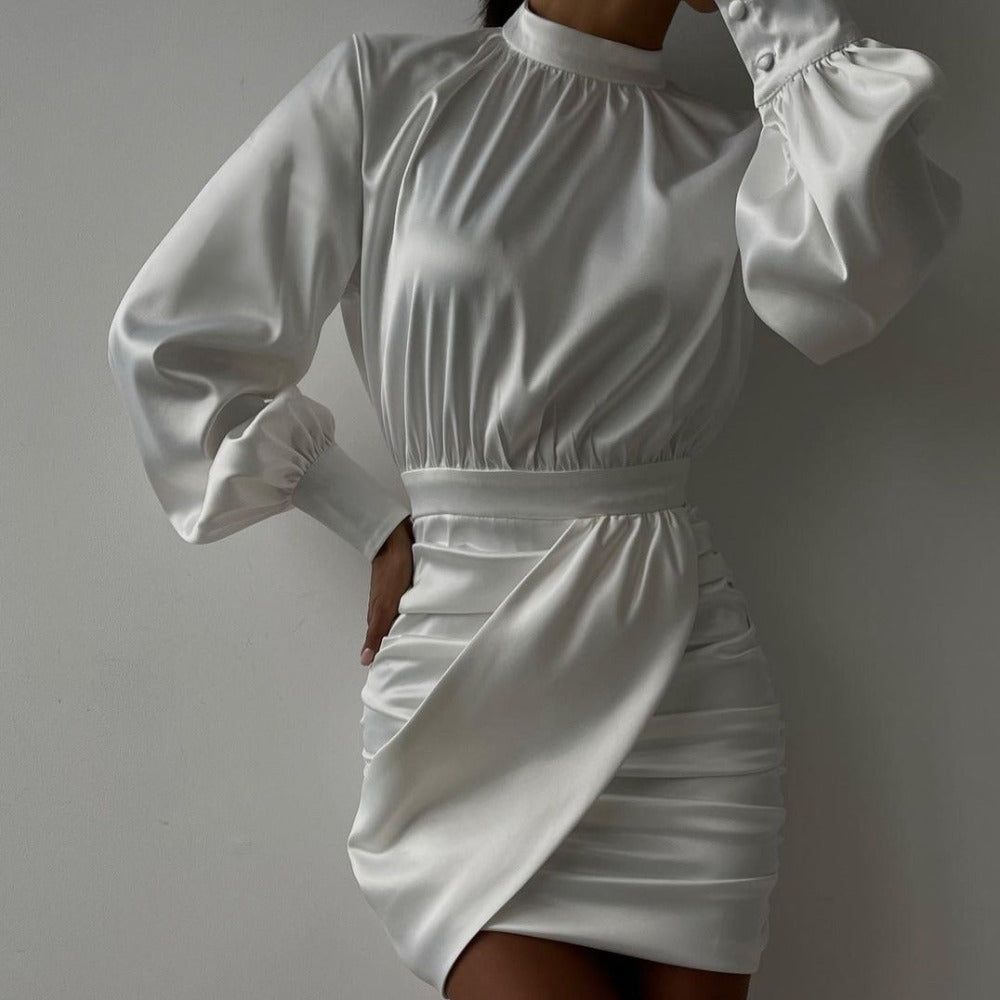 On A Escape Ruched Puff Sleeve Satin Mini Dress