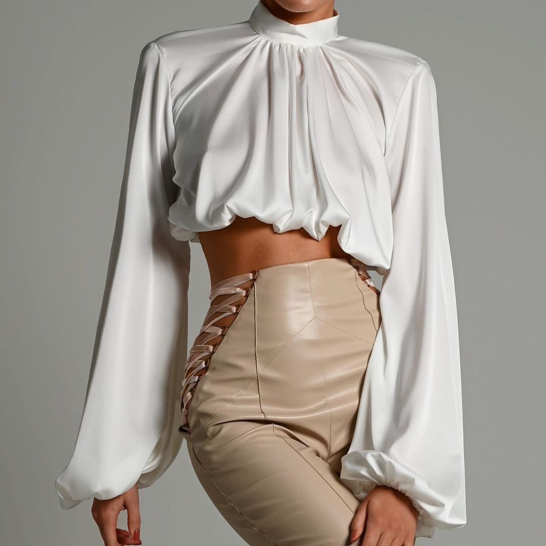 Sundown Hour Turtleneck Puff Sleeve Satin Blouse