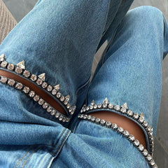 Fashionable Chic Embellished Cutout High-Rise Jeans