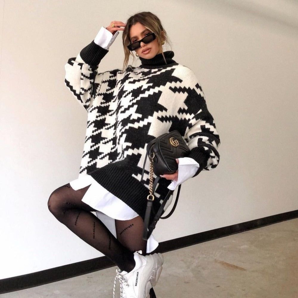 Want And Need Houndstooth Pattern Knit Sweater