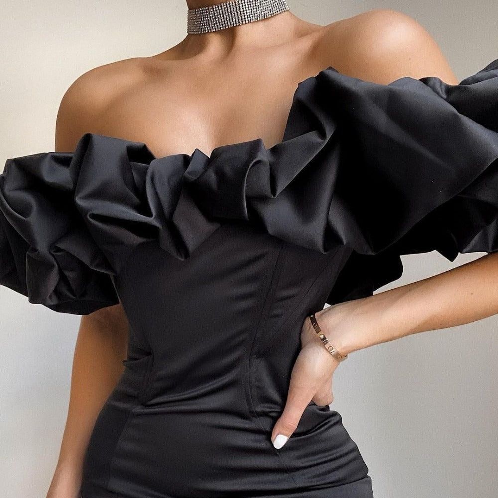 Queen Satin Ruffles Off Shoulder Mini Dress