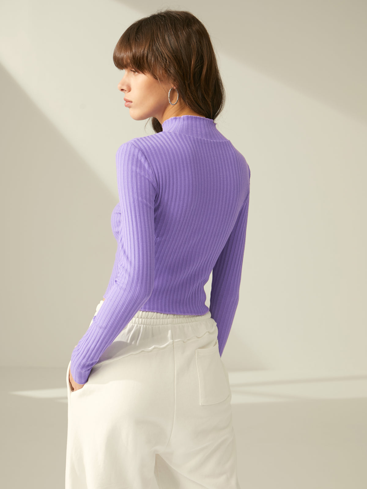 Mauve Cropped Mockneck Ribbed Long Sleeve Top