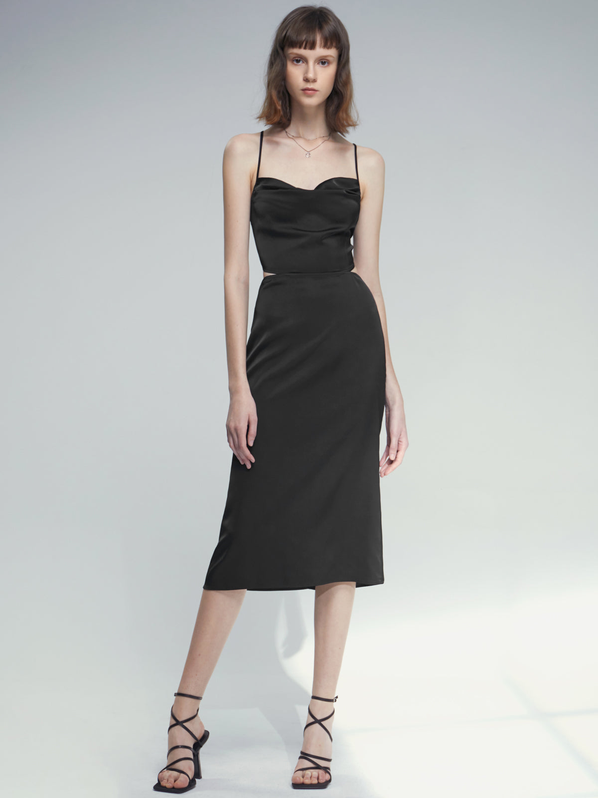 Cowl Neck Side Cutout Midi Strap Dress