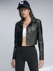 Cropped Double Front Pocket Leather Jacket