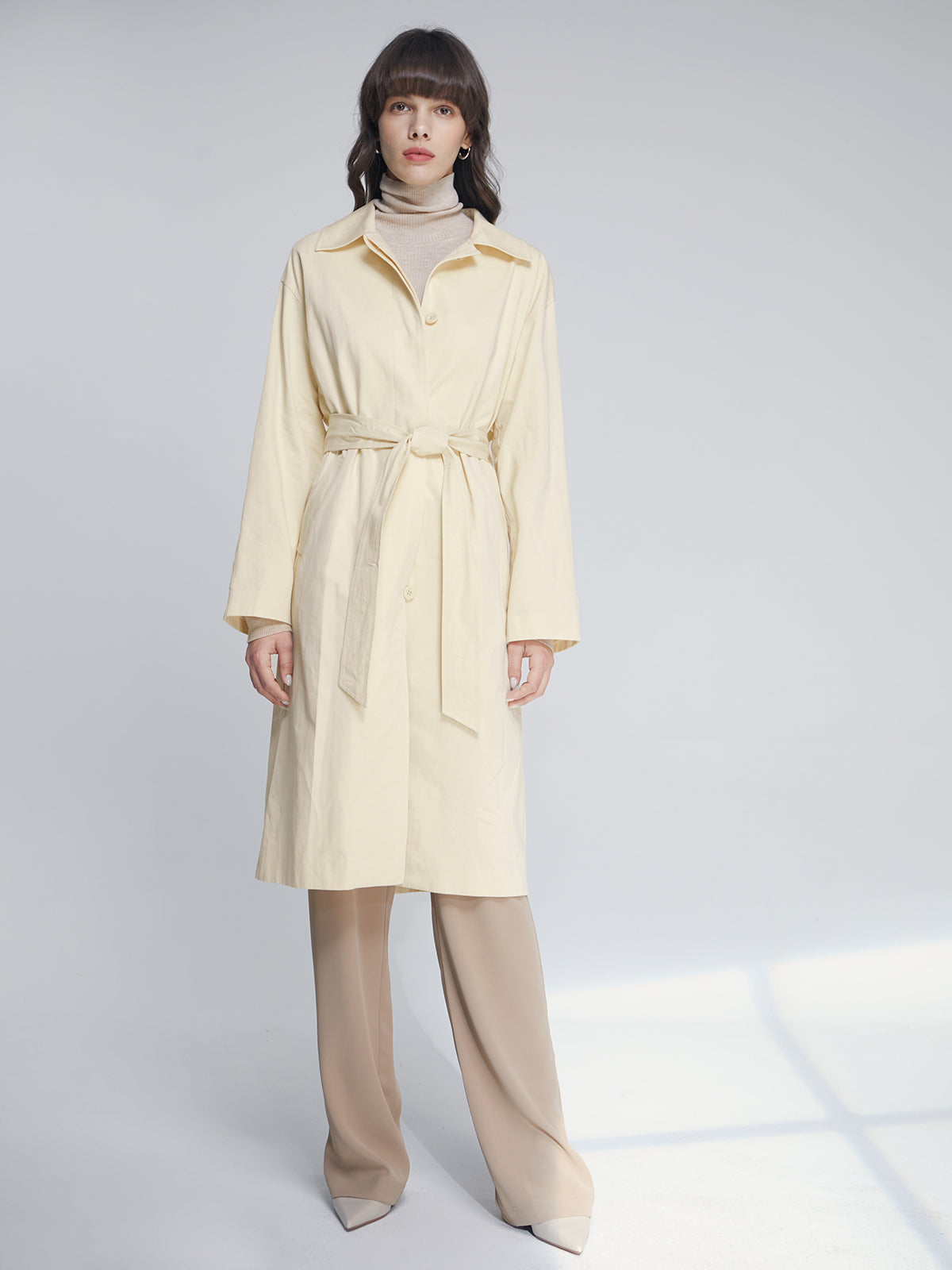 Mid-Length Belted Collared Trench Coat