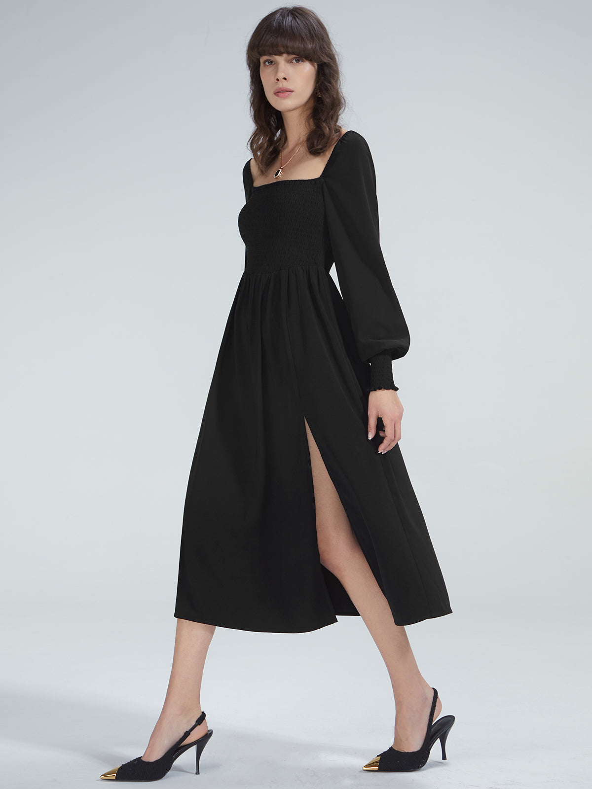 Square Neck Long Sleeve Slit Dress