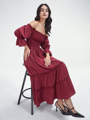 Off The Shoulder Long Puff Sleeve Layer Pleat Dress