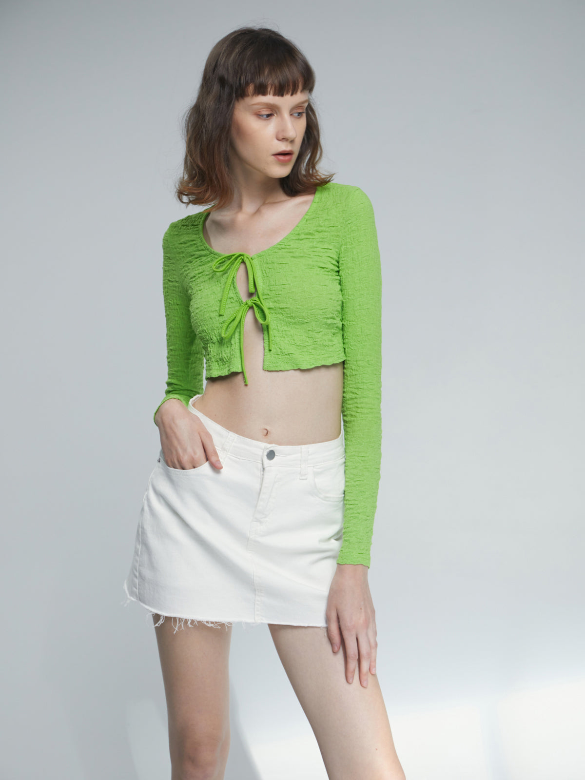 Scoop Neck Double Front Tie Cropped Cardigan