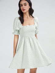 Square Neck Gingham Short Puff Sleeve Mini A Line Dress