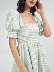 Square Neck Gingham Short Puff Sleeve Mini A Line Dress