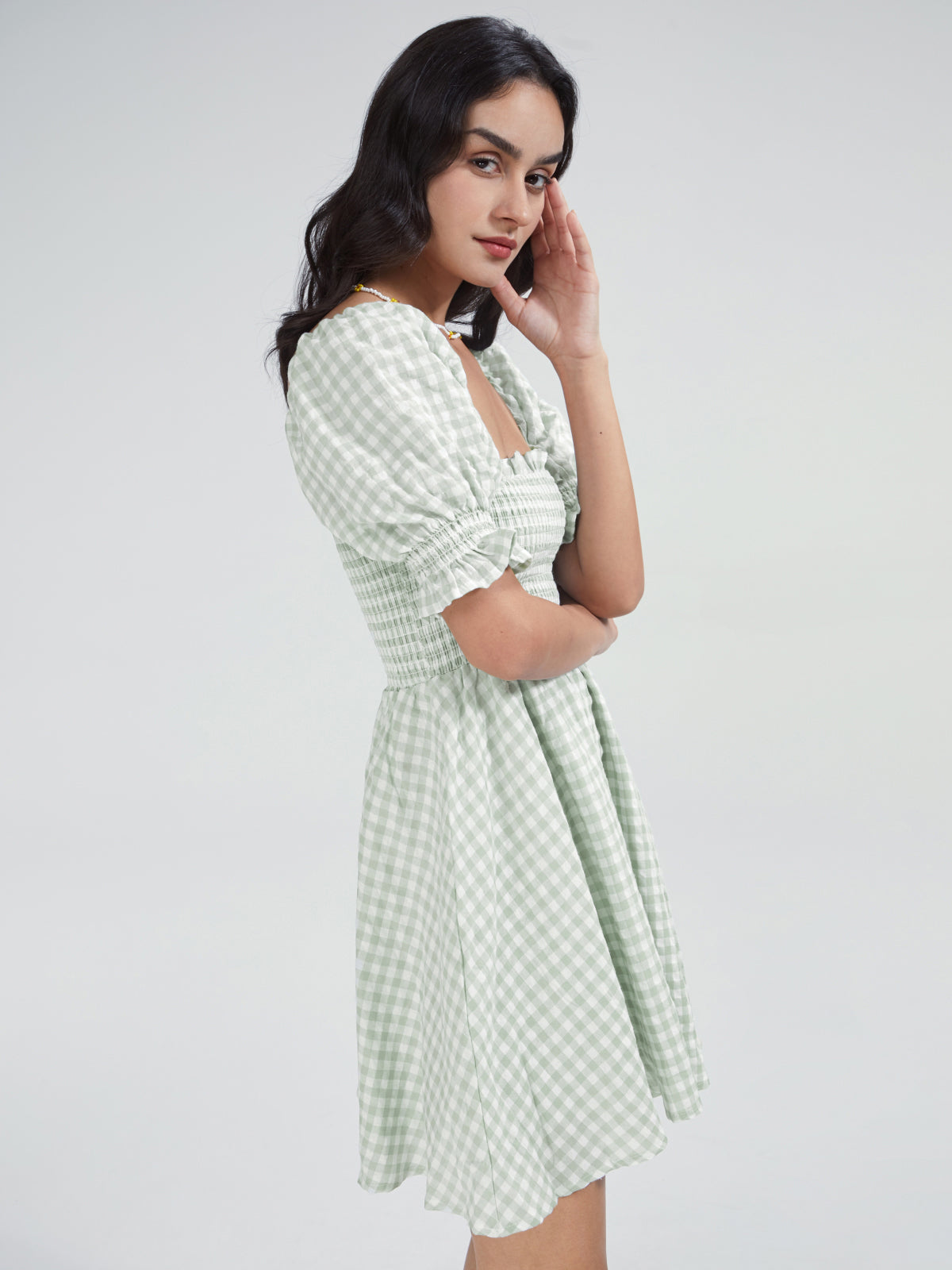 Square Neck Gingham Short Puff Sleeve Mini A Line Dress