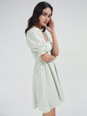 Square Neck Gingham Short Puff Sleeve Mini A Line Dress