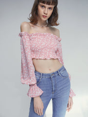 Off The Shoulder Floral Puff Sleeve Ruffle Top