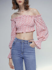 Off The Shoulder Floral Puff Sleeve Ruffle Top