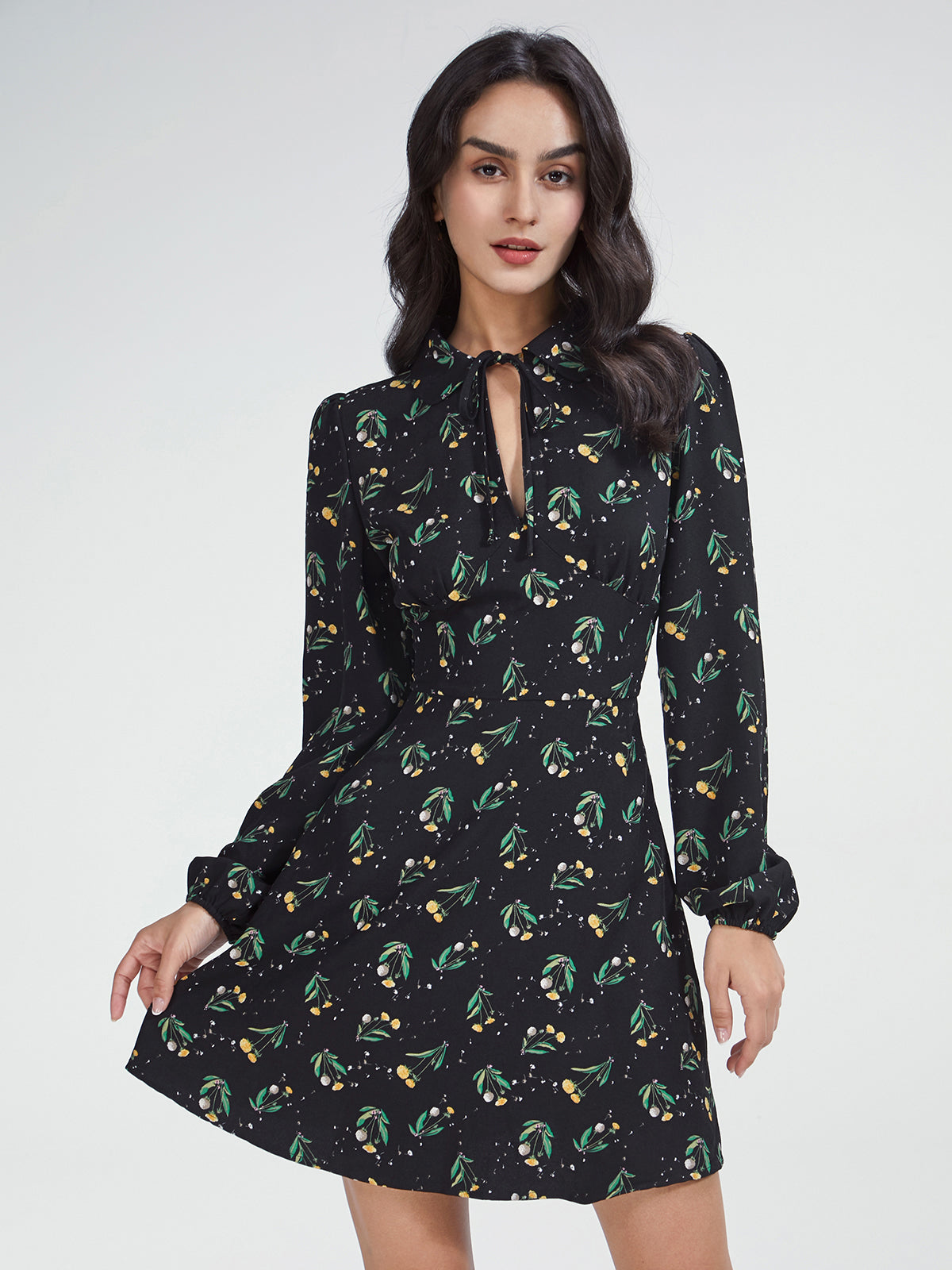 High Neck Keyhole Puff Sleeve Floral A Line Mini Dress