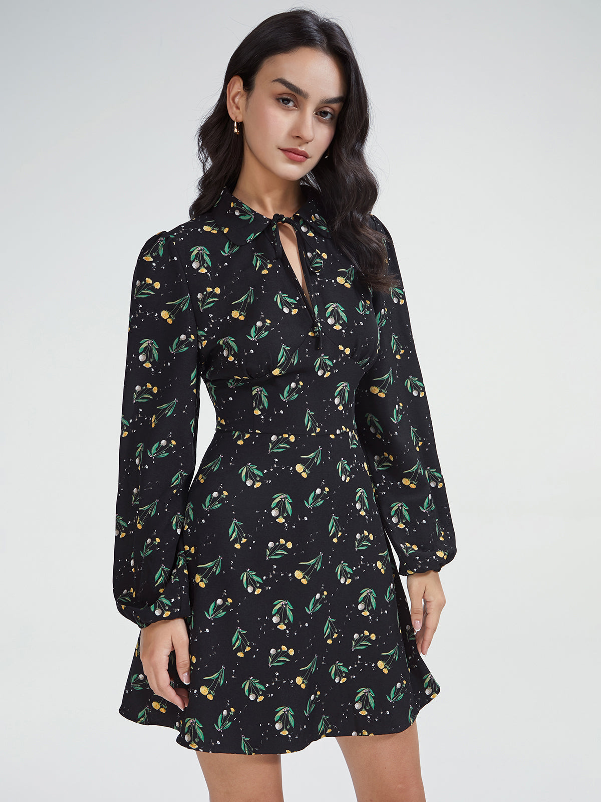 High Neck Keyhole Puff Sleeve Floral A Line Mini Dress