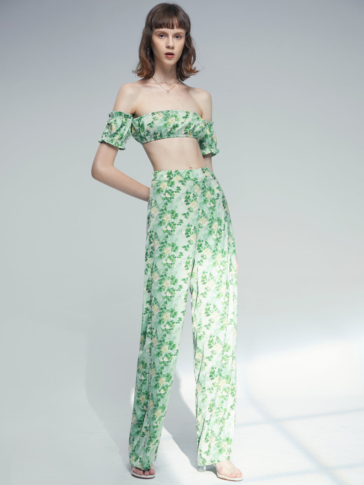 Off The Shoulder Tube Top And Wide Leg Printed Pants Set