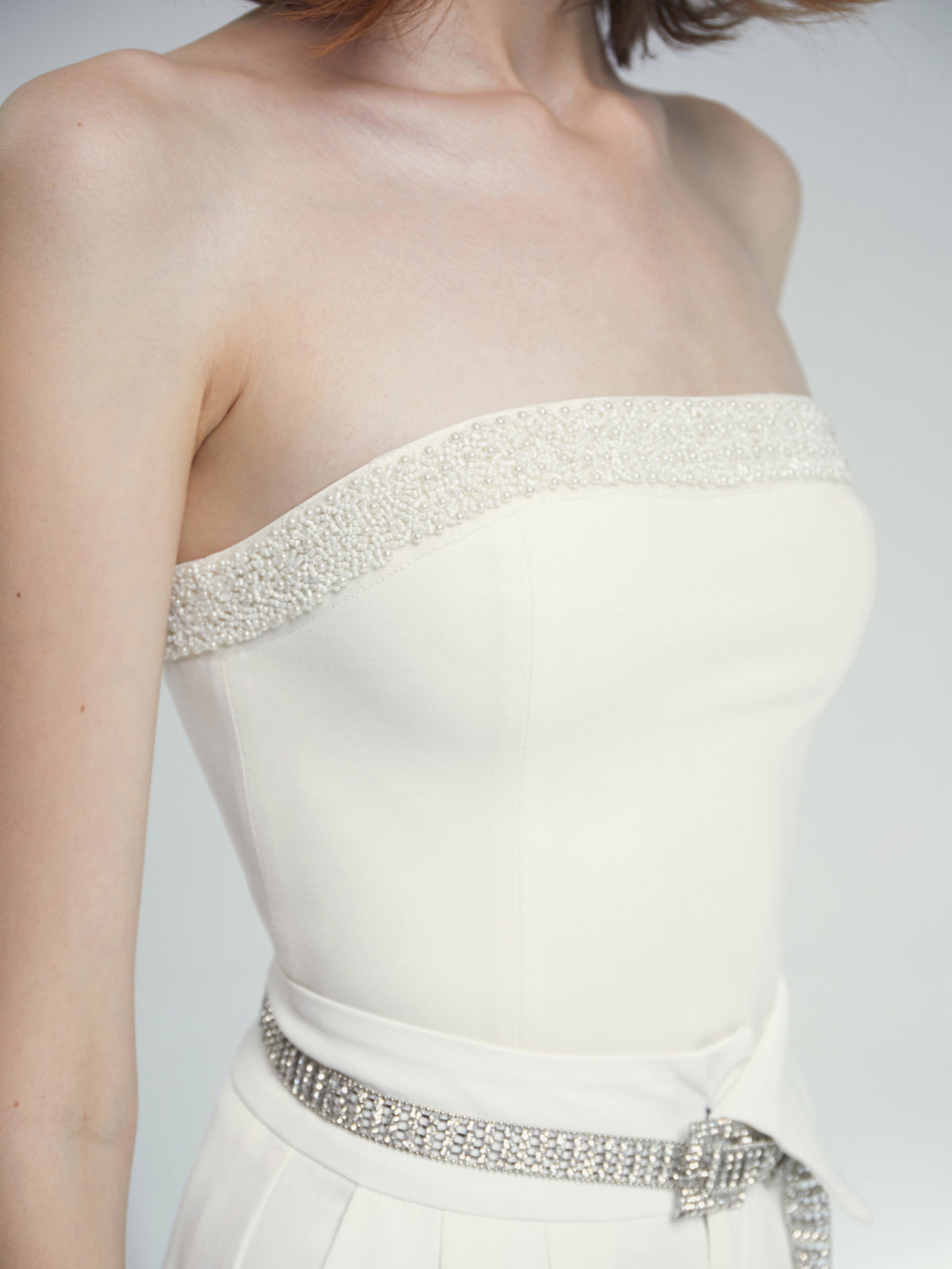 Straight Neck Strapless Top with Jewel Detail
