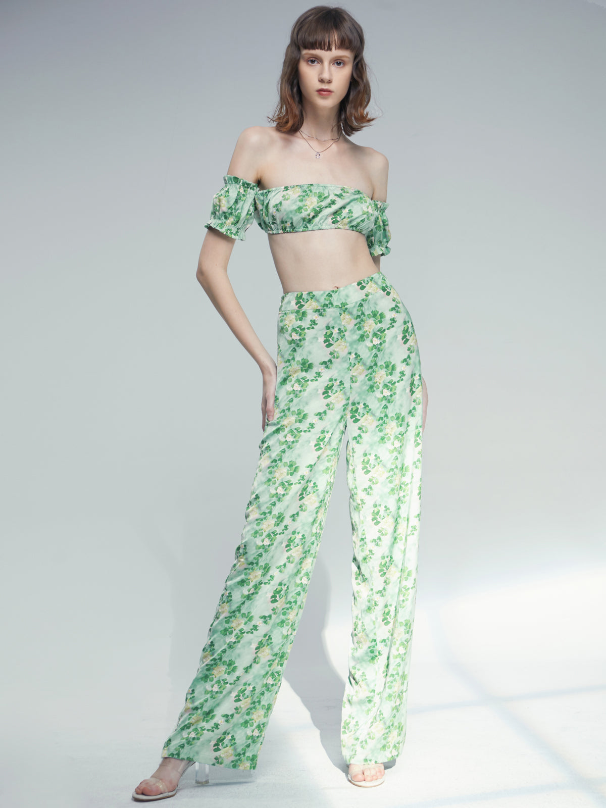 Off The Shoulder Tube Top And Wide Leg Printed Pants Set