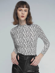 Black and White Spotted Mockneck Long Sleeve Top