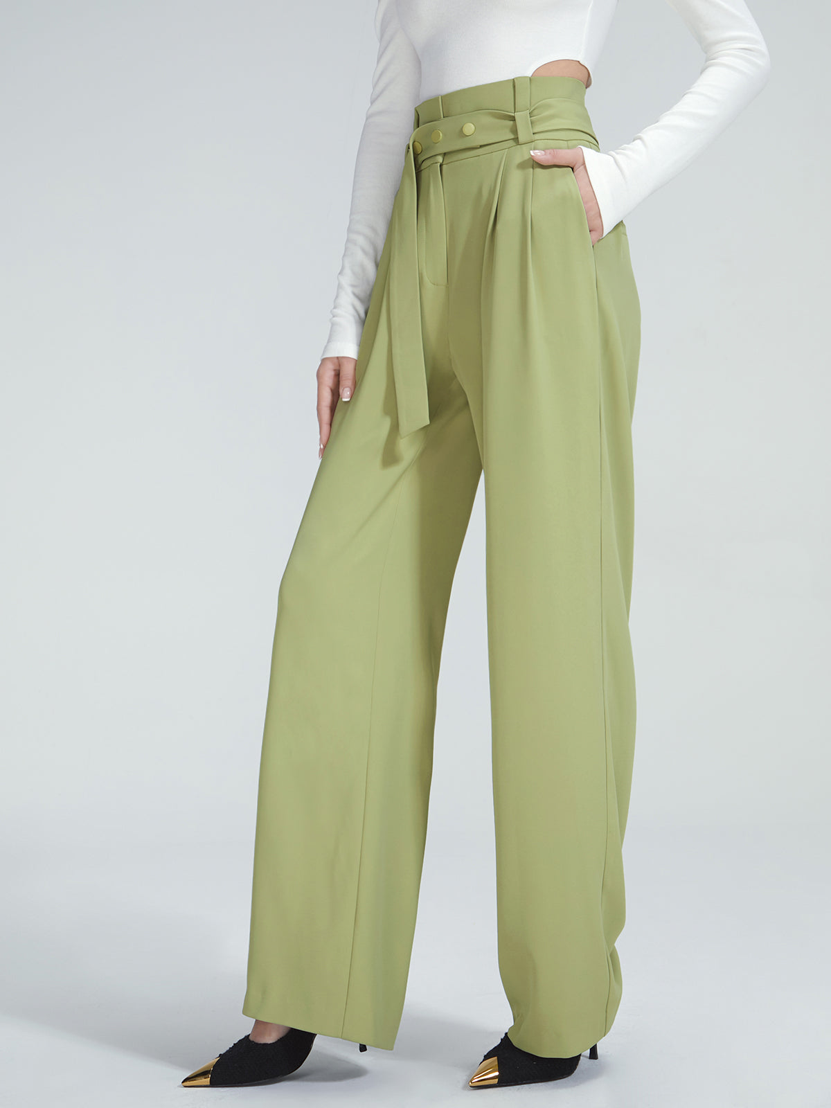 High Waisted Belted Pleat Front Trousers