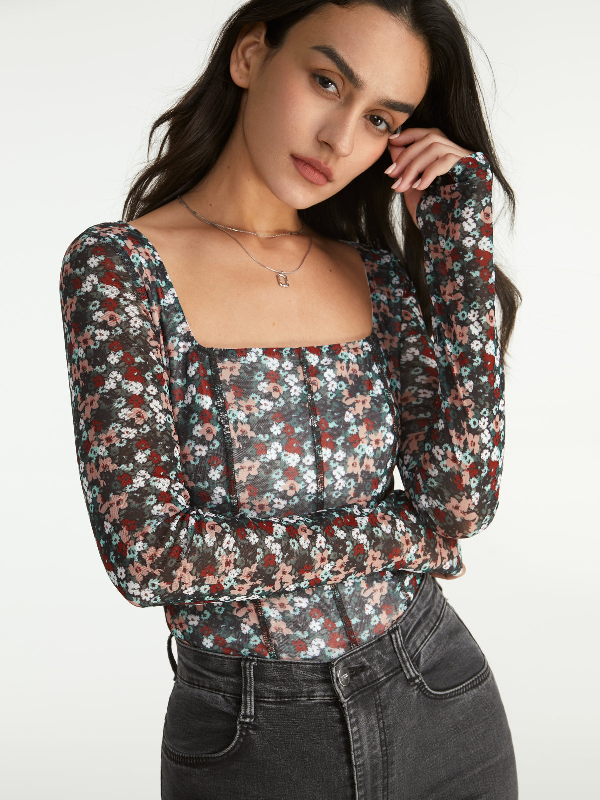 Square Neck Long Sleeve Multi Floral Corset Top