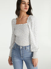 Ruffle Square Neck Light Flora Long Puff Ruche Sleeve Top