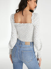 Ruffle Square Neck Light Flora Long Puff Ruche Sleeve Top