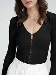 Scoop Neck Button Front Long Sleeve Top