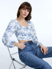 Cropped Heritage Floral Indigo Square Neck Longs Puff Sleeve Top