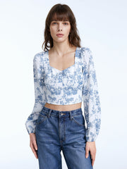 Cropped Heritage Floral Indigo Square Neck Longs Puff Sleeve Top