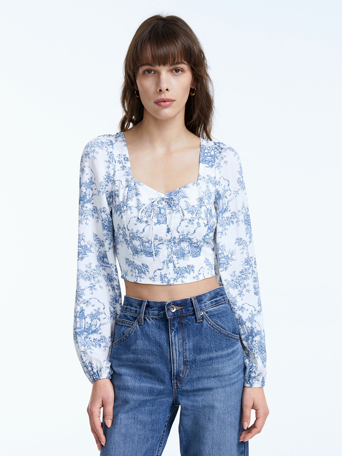 Cropped Heritage Floral Indigo Square Neck Longs Puff Sleeve Top