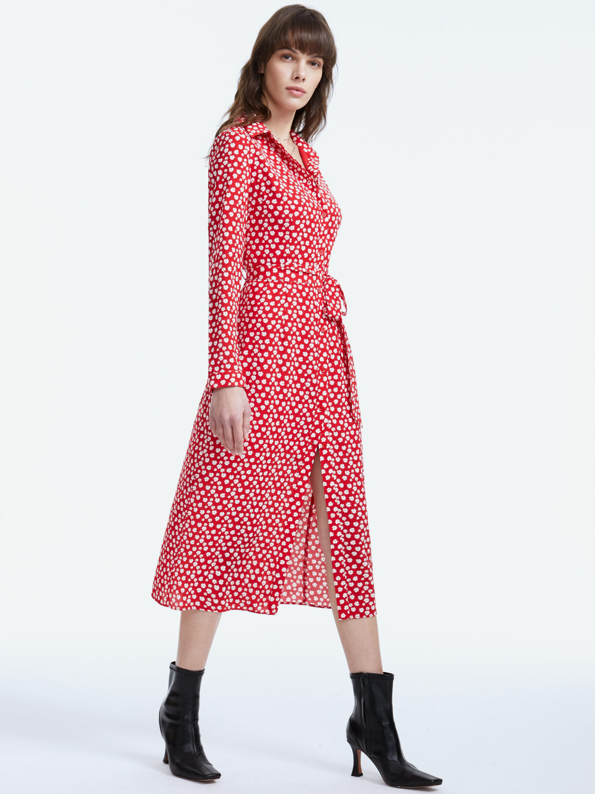 Long Sleeve Floral Collared Belted Slit Dress