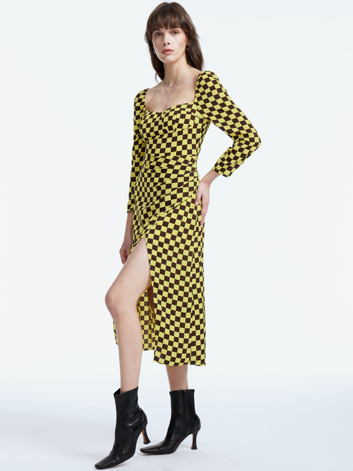 Square Neck Long Sleeve Racer Checkered Midi Slit Dress