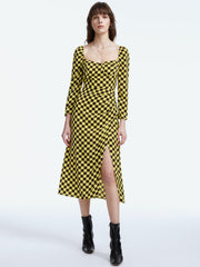 Square Neck Long Sleeve Racer Checkered Midi Slit Dress