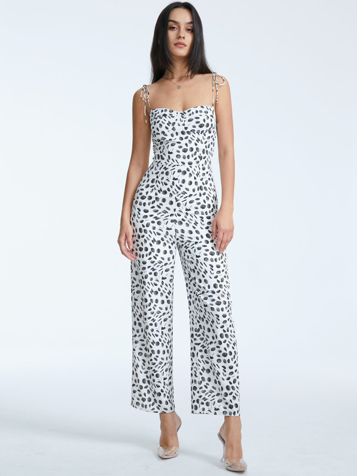 Tie Strap Contrast Print Wide Leg Jumpsuit