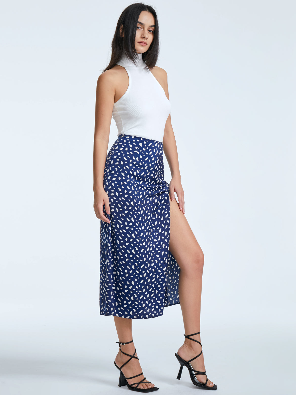 Petals Print High Waisted A Line Slit Skirt