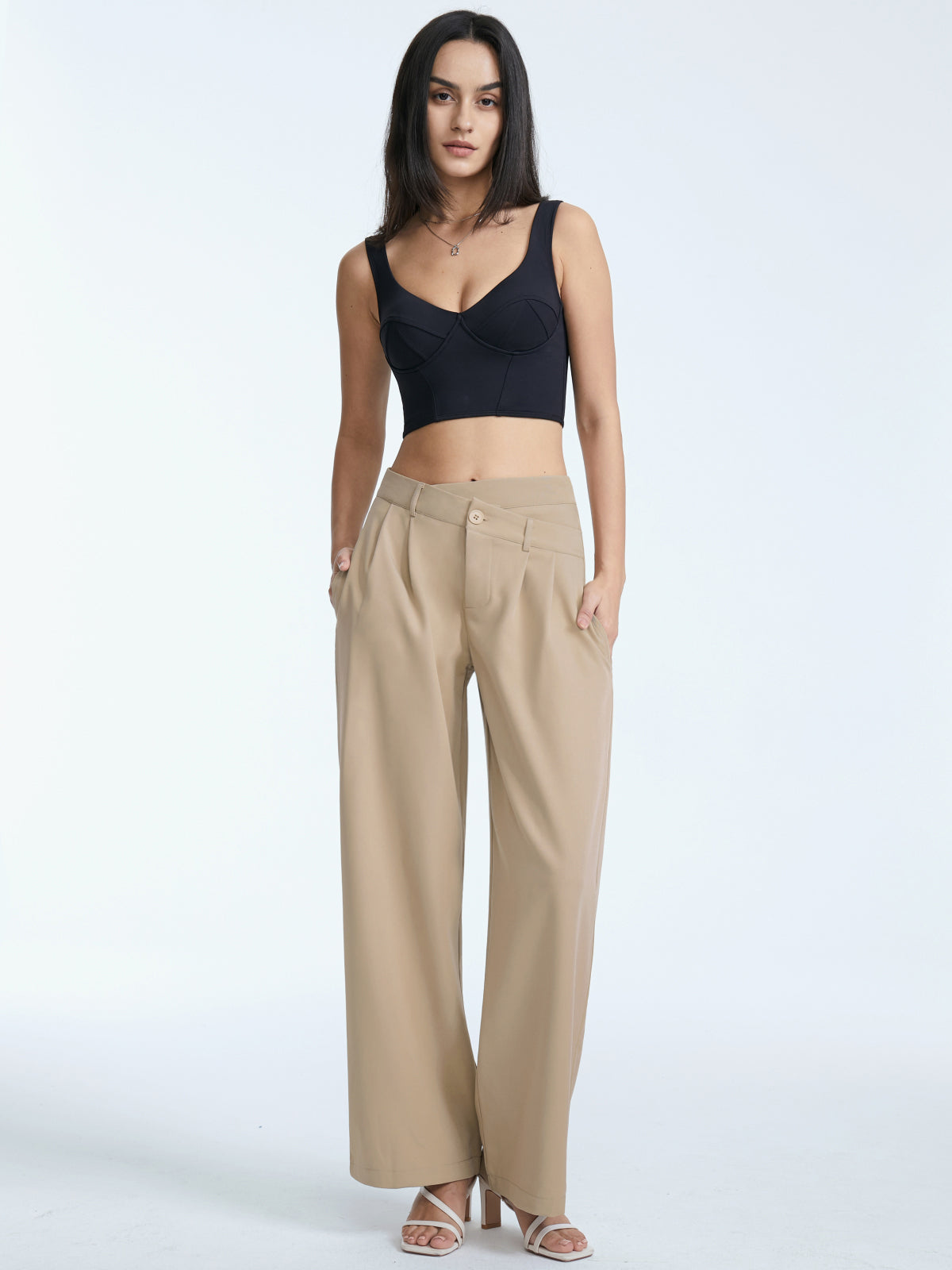 High Waisted Asymmetrical Pleat Front Wide Leg Trousers