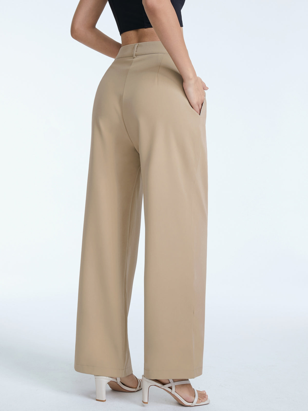 High Waisted Asymmetrical Pleat Front Wide Leg Trousers