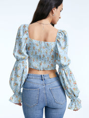 Square Ruche Neck Tie Front Long Puff Sleeve Cropped Floral Top