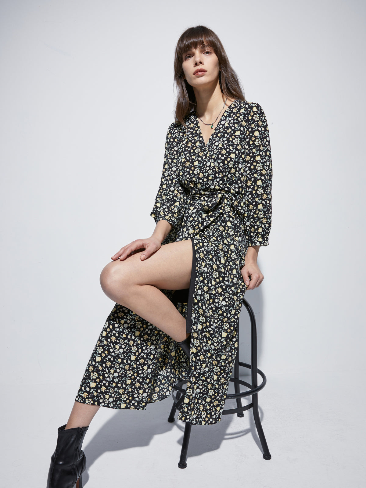 Long Sleeve V Neck Floral Slit Dress